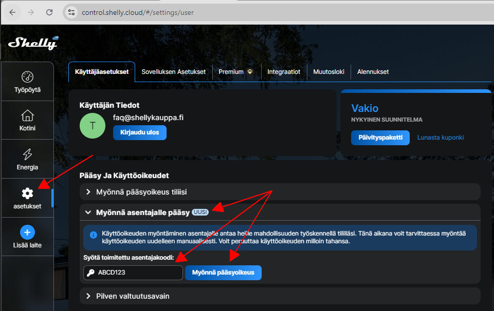 Käyttäjäasetukset-näkymä