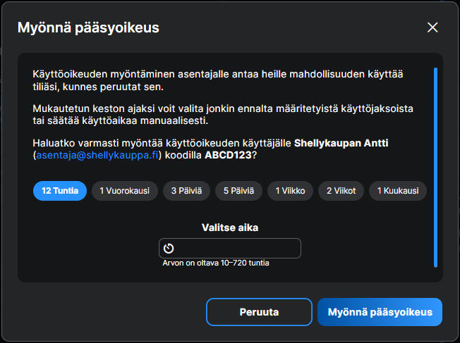 Jakamisen vahvistusnäkymä Käyttäjäasetukset-näkymä