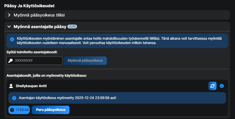Aktiiviset asentajajaot Käyttäjäasetukset-näkymä
